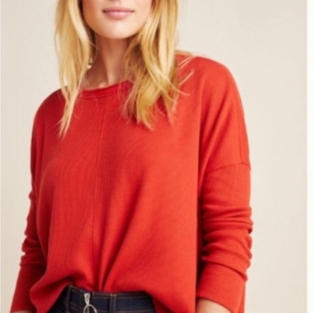 Anthropologie “Nora” waffle knot pullover Vibrant Orange Crew Neck Sweater